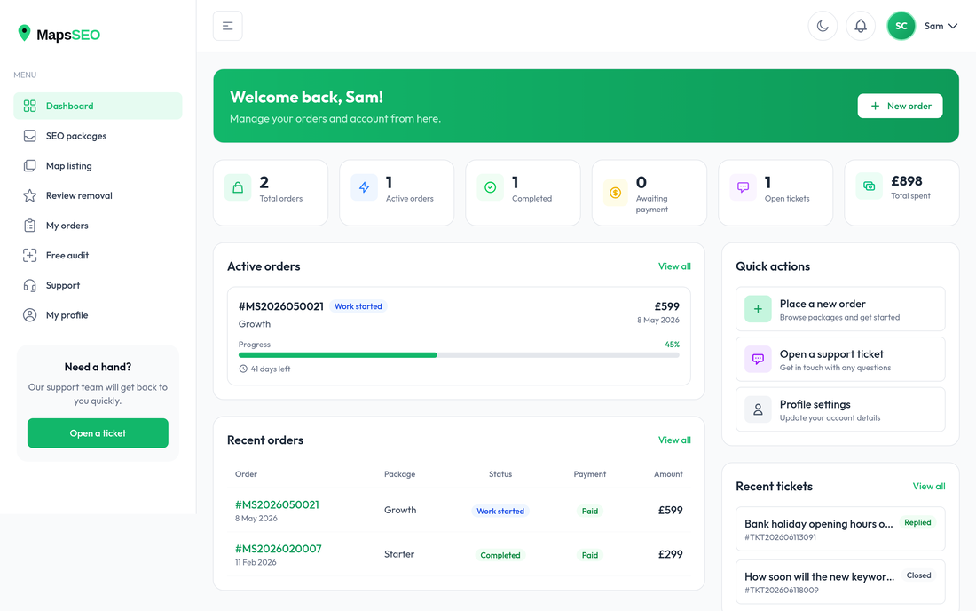 MapsSEO client dashboard: active campaign at 45% with progress bar, payment status, recent orders and open support tickets
