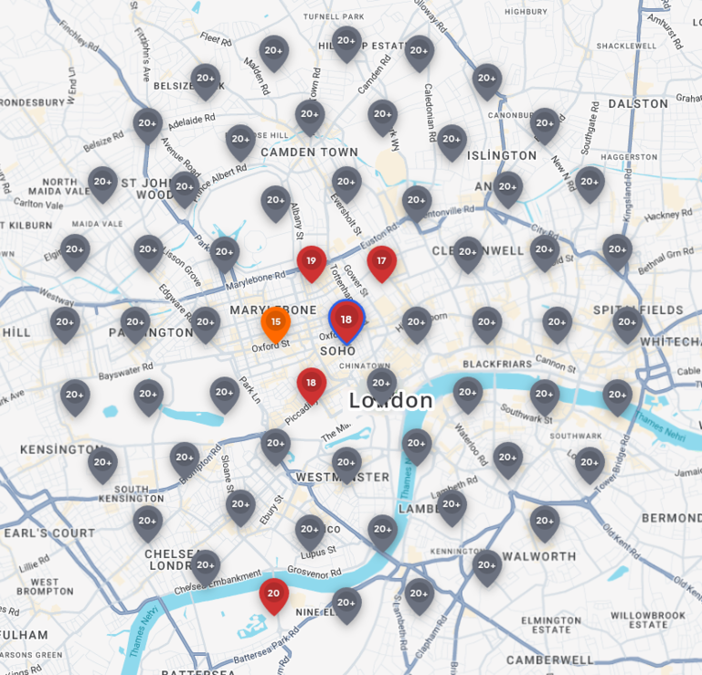 Rank grid scan of a London service area on day 1: nearly every pin grey, ranked 20th or worse