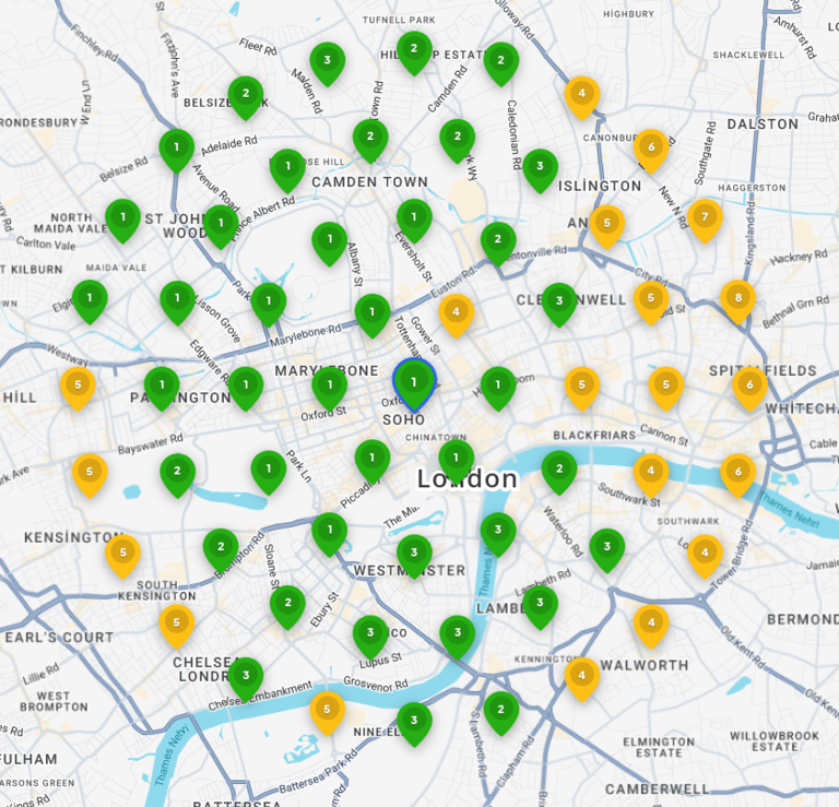 Rank grid scan on day 60: green top-3 pins across the whole service area with amber edges