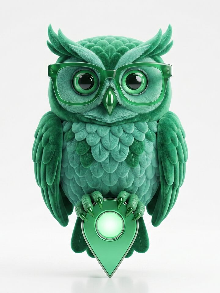 The Patch owl perched on a glowing map pin — MapsSEO's field-guide mascot